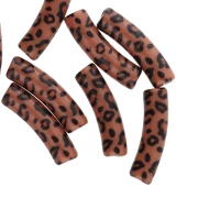 Perles tube incurvé 19x5 mm en acrylique opaque - Motif guépard - Marron - Noir x4