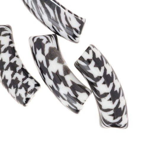 Perles tubes incurvés 35x11 mm acrylique - Motif Pied de poule - Noir - Blanc x4