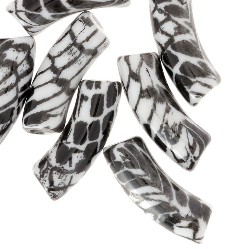 Perles tubes incurvés 35x11 mm acrylique opaque - Motif serpent - Blanc - Noir x4
