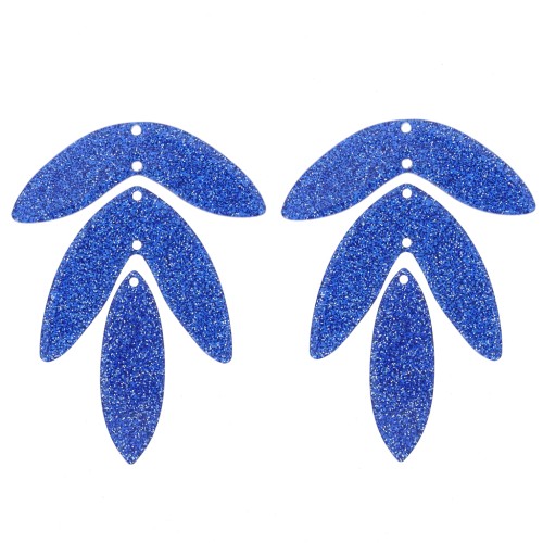 Set de 6 pendentifs feuilles 62x45 mm en acrylique à monter - Pailleté bleu roi