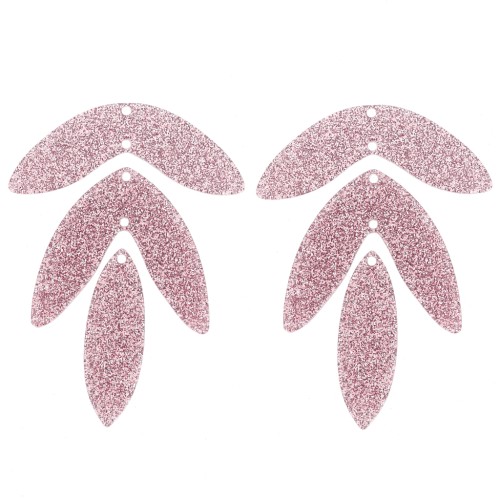 Set de 6 pendentifs feuilles 62x45 mm en acrylique à monter - Pailleté vieux rose