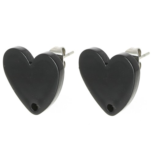 Clous d'oreilles coeur en acrylique 14x15.5 mm - Noir x2