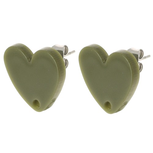 Clous d'oreilles coeur en acrylique 14x15.5 mm - Olive x2