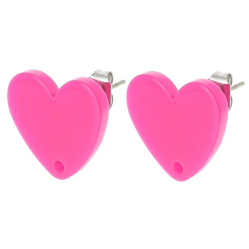 Clous d'oreilles coeur en acrylique 14x15.5 mm - Fuschia x2