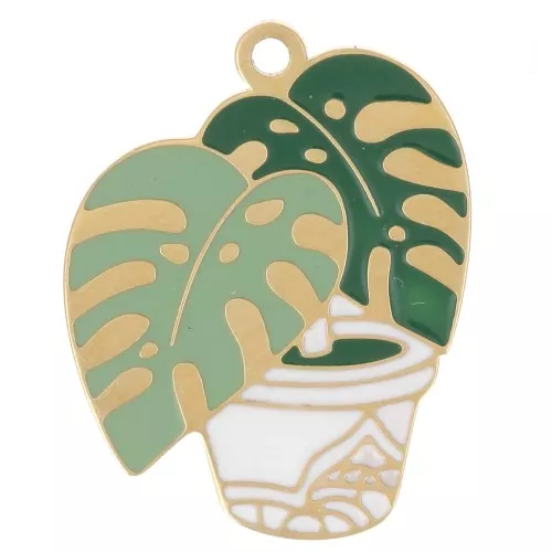 Breloque Philodendron 18x14 mm résine époxy - Acier inox 304L Doré - Vert