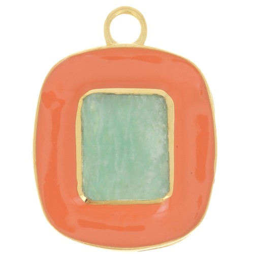 Pendentif rectangle 23x18 mm pierre gemme Amazonite & époxy Orange Doré à l'or fin