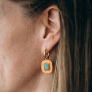 Pendentif rectangle 23x18 mm pierre gemme Amazonite & époxy Orange Doré à l'or fin