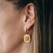 Pendentif rectangle 23x18 mm pierre gemme Amazonite & époxy Orange Doré à l'or fin