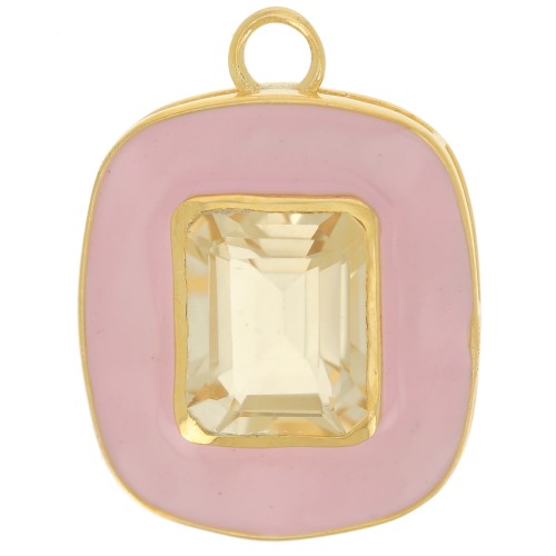 Pendentif rectangle 23x18 mm pierre gemme Citrine & époxy rose - Doré à l'or fin