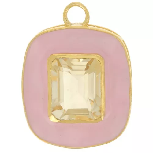 Pendentif rectangle 23x18 mm pierre gemme Citrine & époxy rose - Doré à l'or fin