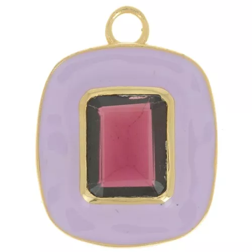 Pendentif rectangle 23x18 mm pierre gemme Grenat & époxy lilas - Doré à l'or fin