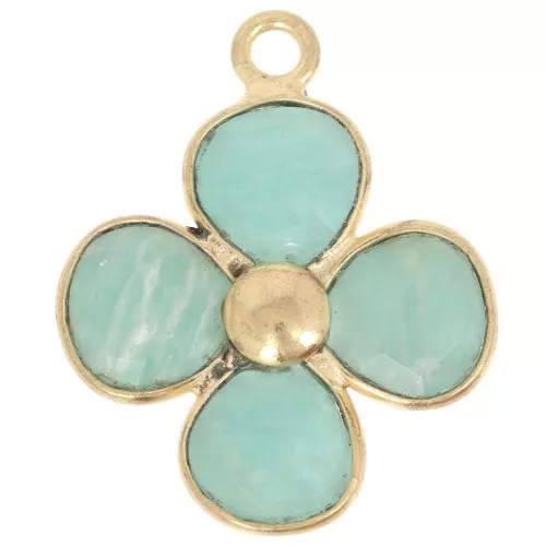 Pendentif fleur 16 mm en pierre gemme - Doré à l'or fin - Amazonite x1