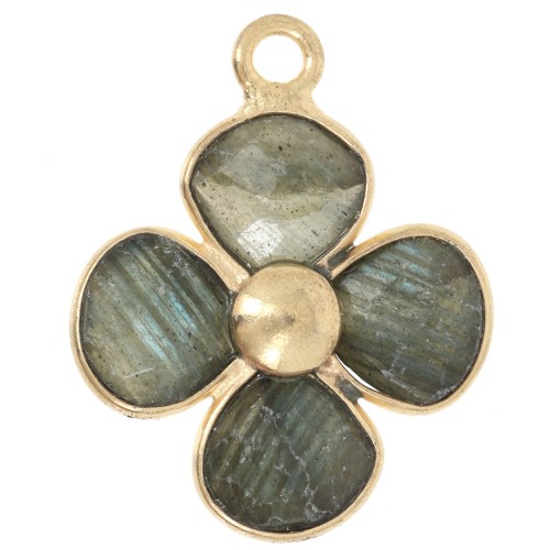 Pendentif fleur 16 mm en pierre gemme - Doré à l'or fin - Labradorite x1