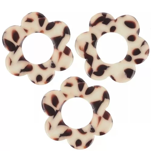 Pendentifs fleur 18 mm en acétate - Tacheté Marron - Crème x10