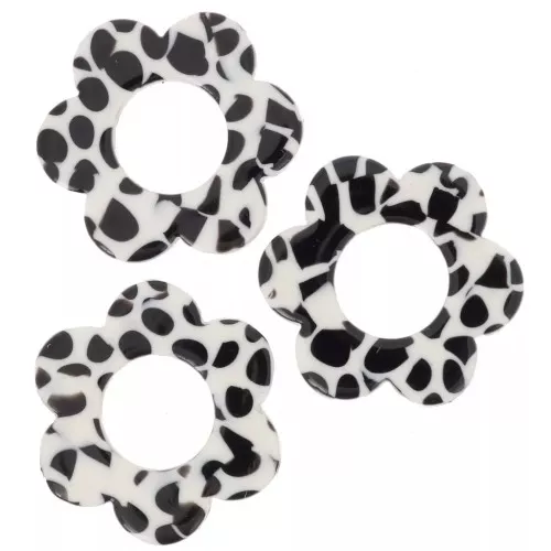 Pendentifs fleur 18 mm en acétate - Tacheté Noir - Blanc x10