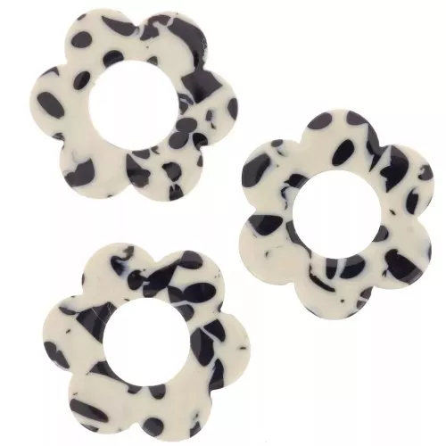 Pendentifs fleur 18 mm en acétate - Tacheté Noir - Crème x10