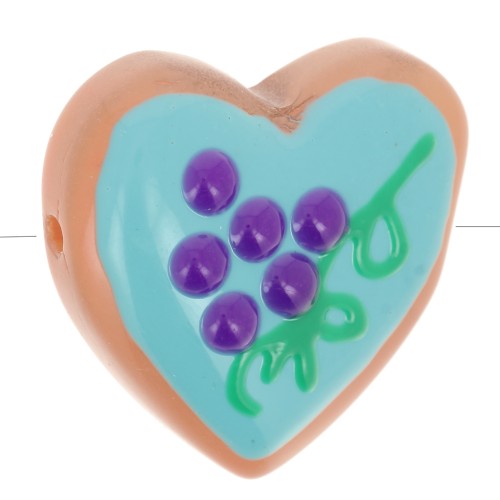 Perle coeur 24 mm en verre - Motif raisin - Turquoise - Violet x1