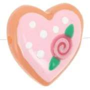 Perle coeur 24 mm en verre - Motif fleur - Rose - Blanc x1