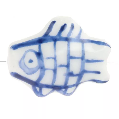 Perle poisson 12x15 mm en céramique - Blanc - Bleu foncé x1