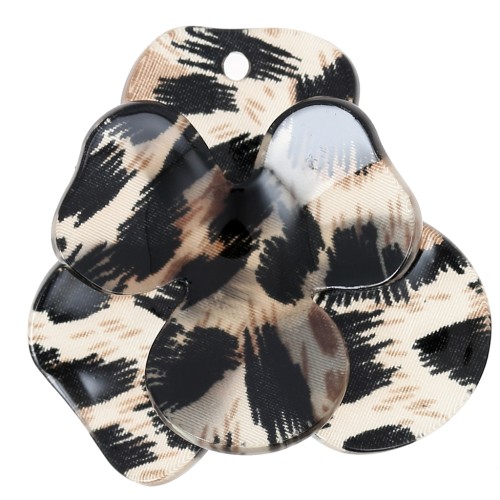 Pendentif fleur en relief 45x50 mm en acrylique - Léopard noir - Marron x1