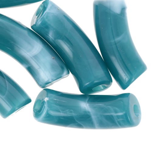 Perles tube incurvé 35x11mm en acrylique opaque - Bleu canard marbré x6
