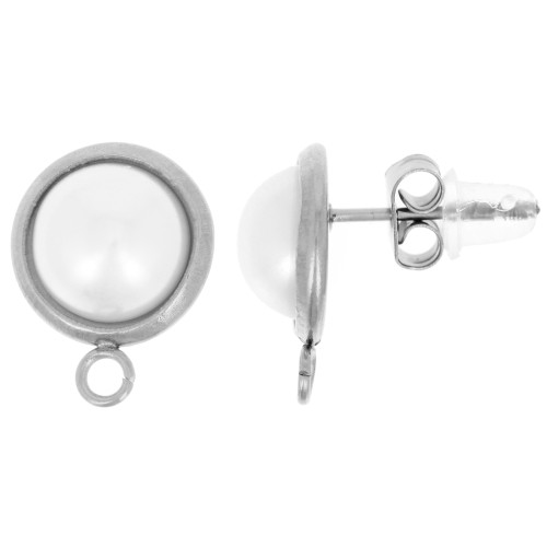 Clous d'oreilles rond 10 mm avec cabochon imitation nacre - Acier inox 304L x2