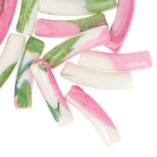 Perles tube incurvé en acrylique opaque 19x5 mm - Motif fleurs - Blanc - Rose x4