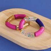 Perles tube incurvé 35x11 mm en acrylique opaque - Motif fleurs - Blanc - Rose x4