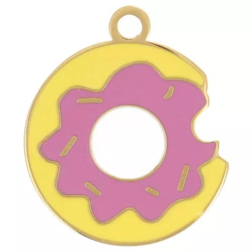 Breloque donuts 16 mm résine époxy - Acier inoxydable 304L Doré - Rose x1