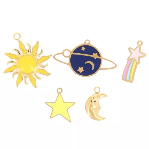 Mix de breloques époxy Etoiles & planètes Exclu Perles&Co Acier inox 304L Doré x5