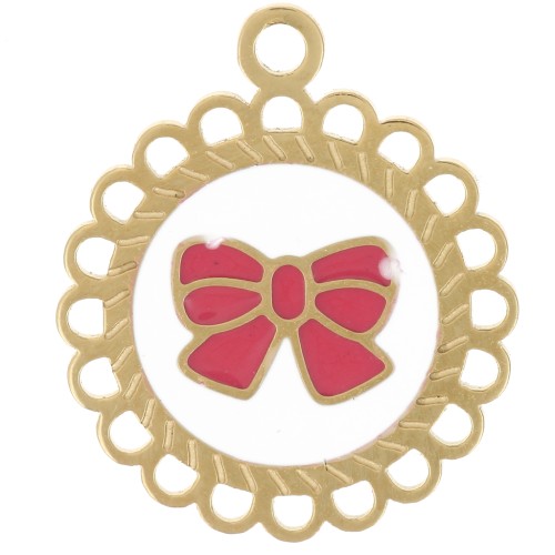 Breloque ronde 15 mm - motif noeud - résine époxy - Acier inoxydable 304L Doré x1