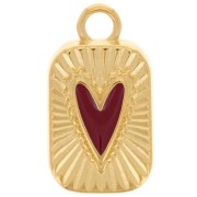 Pendentif rectangle 23.5x13mm avec coeur en résine époxy - Doré à l'or fin - Rouge