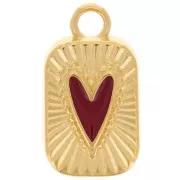 Pendentif rectangle 23.5x13mm avec coeur en résine époxy - Doré à l'or fin - Rouge