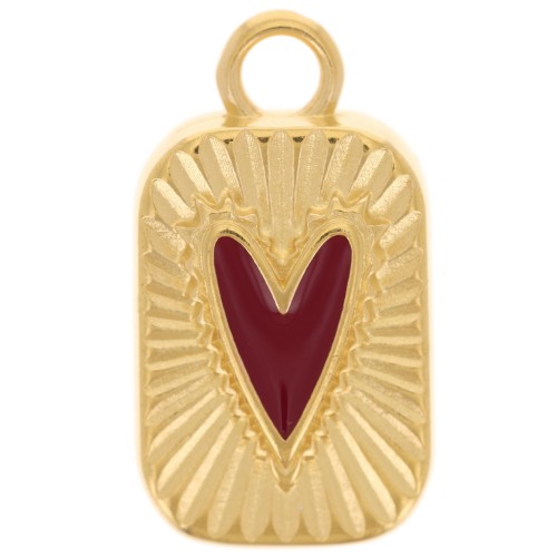 Pendentif rectangle 23.5x13mm avec coeur en résine époxy - Doré à l'or fin - Rouge