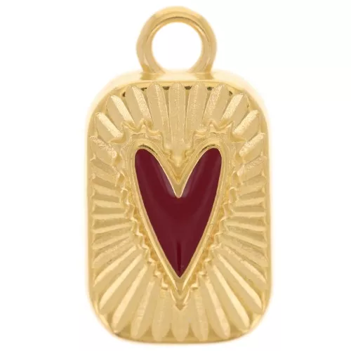 Pendentif rectangle 23.5x13mm avec coeur en résine époxy - Doré à l'or fin - Rouge