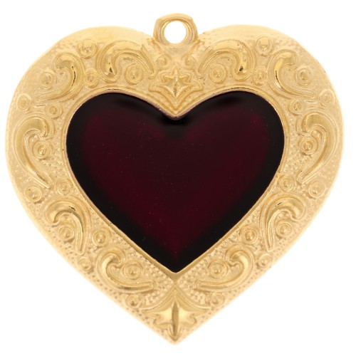 Pendentif coeur 31.5mm avec résine époxy effet vitrail - Doré à l'or fin - Rouge