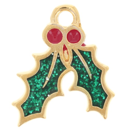 Breloque feuille de houx 15.5x14 mm résine époxy - Doré à l'or fin - Vert pailleté