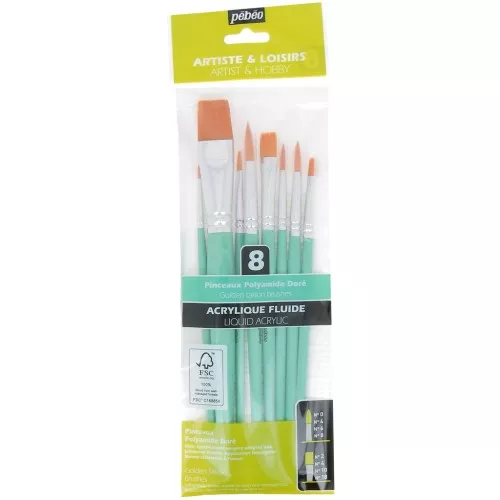 Set de 8 pinceaux polyamide Pébéo ronds et plats - manches courts - Doré