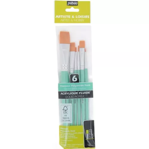 Set de 6 pinceaux polyamide Pébéo plats - manches courts - Doré