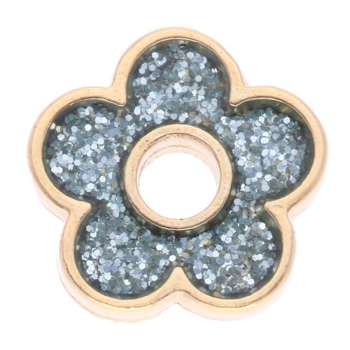 Pendentif fleur 11 mm avec résine epoxy - Doré à l'or fin - Gris pailleté x1
