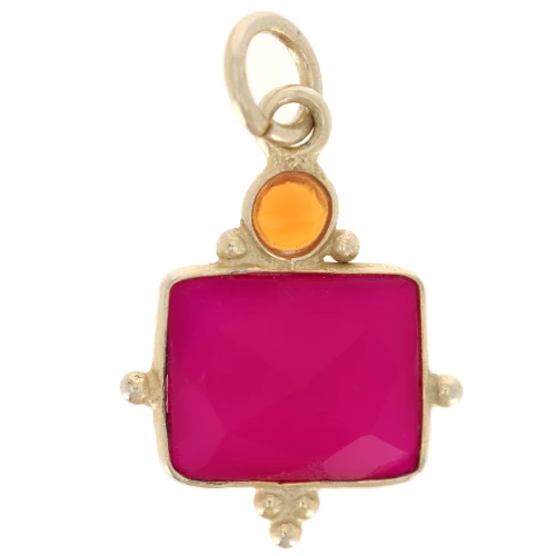 Breloque rectangle 8x10 mm Calcédoine rose et cabochon 3 mm Onyx rouge Doré Or fin