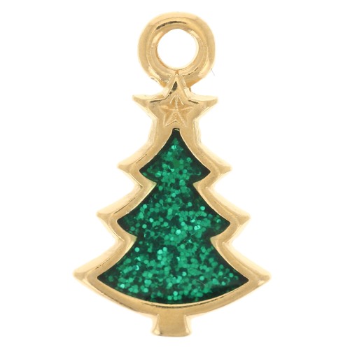 Breloque sapin de Noël 17x10 mm résine époxy - Doré à l'or fin - Vert pailleté x1