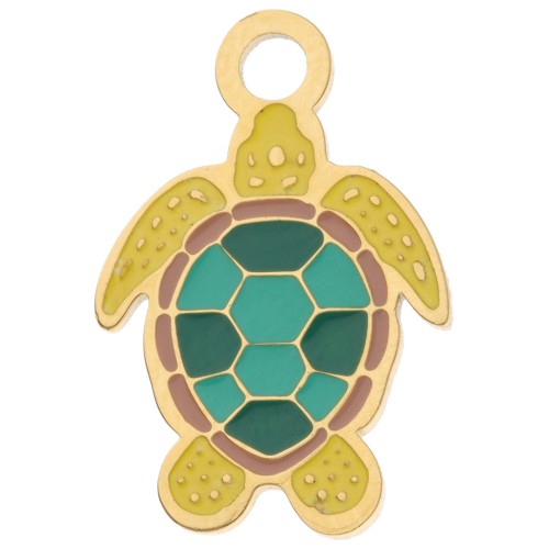 Breloque tortue 19x13 mm avec résine époxy - Acier inox 304 Doré - Jaune - Vert x1