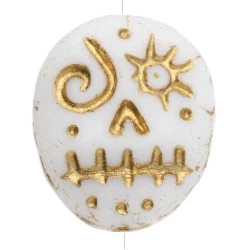 Perles en verre Woodoo Funny Face 16x14 mm - Blanc - Doré x5