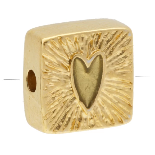 Perle carré striée 9 mm avec coeur en résine époxy - Doré à l'or fin - Vert pâle