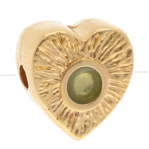 Perle coeur striée 10x9 mm avec rond en résine époxy - Doré à l'or fin - Vert pâle