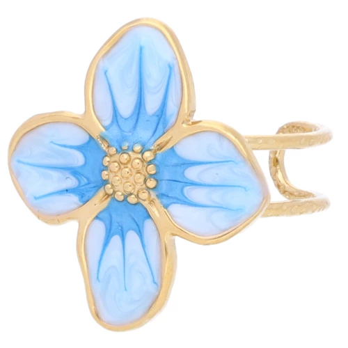 Bague fleur 23x21 mm avec résine époxy - Acier inox 304L Doré - Bleu clair nacré