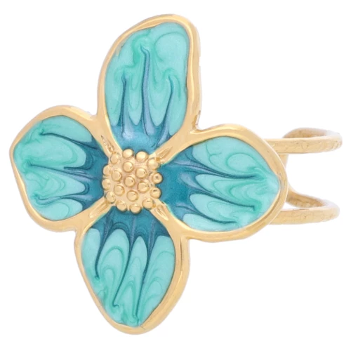 Bague fleur 23x21 mm avec résine époxy - Acier inox 304L Doré - Vert nacré x1