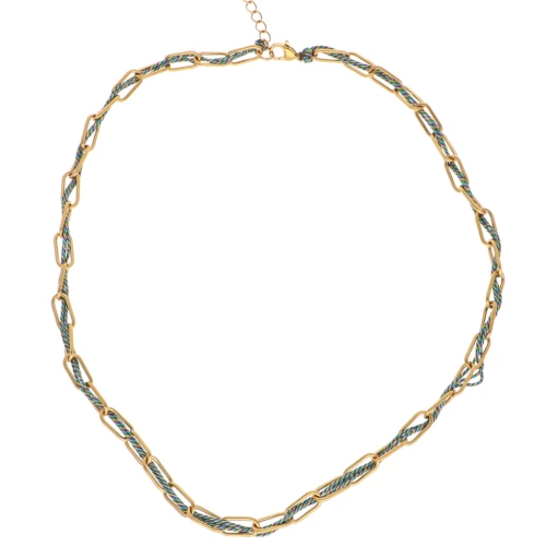 Collier maille Rectangle 6 mm et fils entrelacés Acier inox 304L Doré - Bleu x45cm