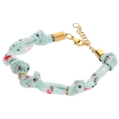 Bracelet en tissu fleurs noué avec 3 anneaux - Acier inox 304L Doré - Menthe x18cm